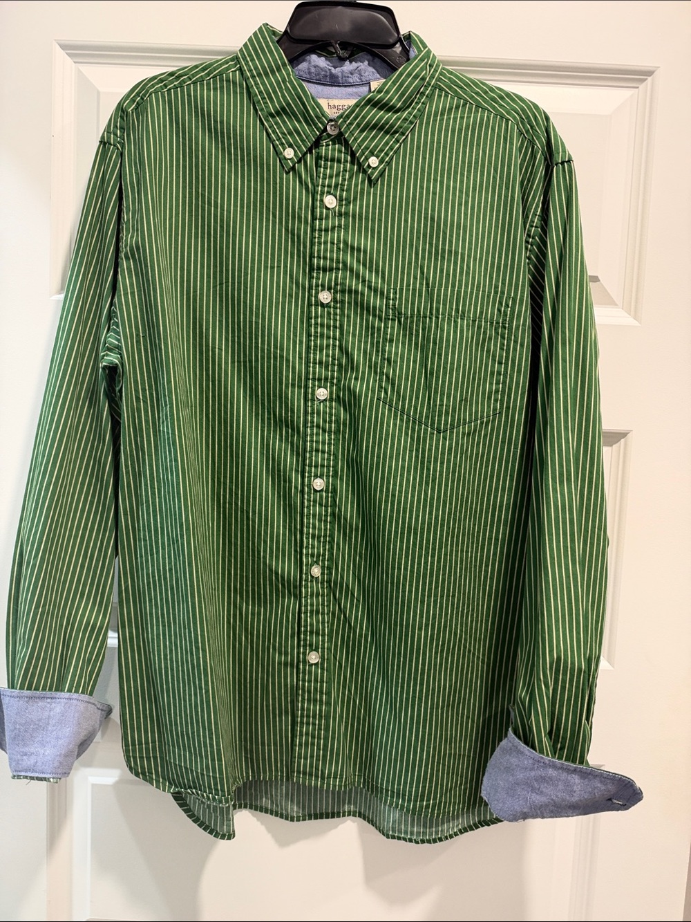 NEW- Haggar Green and White Striped Button-Down Shirt